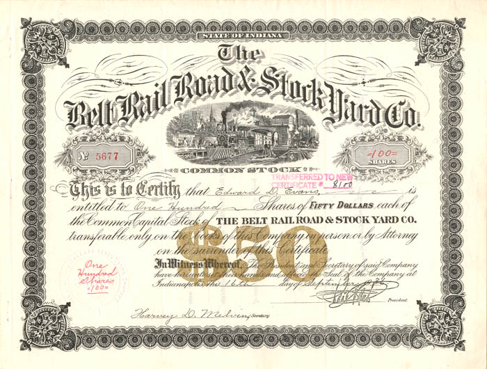 Belt Rail Road and Stock Yard Co. - Stock Certificate